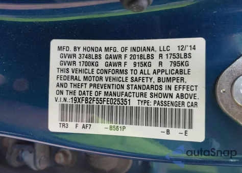 2015 Honda Civic Lx z USA, uszkodzony, nr VIN 19XFB2F55FE025351